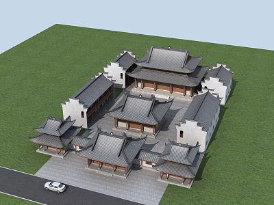 Ancient Chinese Architecture With Classic Roof Design And Courtyard Layout Surrounded By Green Lawn 3d model
