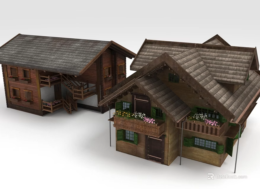 Traditional Wooden Buildings With Sloped Roofs Balconies And Flower Decorations 3d model 