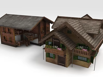 Traditional Wooden Buildings With Sloped Roofs Balconies And Flower Decorations 3d model