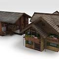Traditional Wooden Buildings With Sloped Roofs Balconies And Flower Decorations