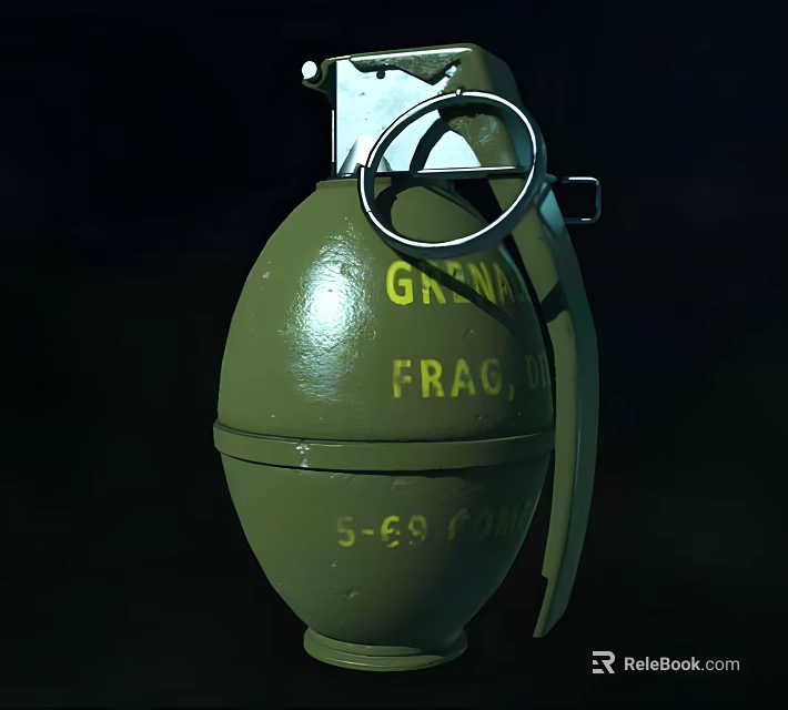 Military Green Frag Grenade With Yellow Text Fuse And Pull Ring 3d model 