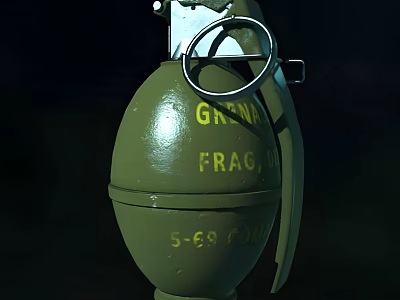 Military Green Frag Grenade With Yellow Text Fuse And Pull Ring 3d model