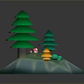 Two Low Poly Green Pine Trees With Red Mushroom On Blue Rock Base