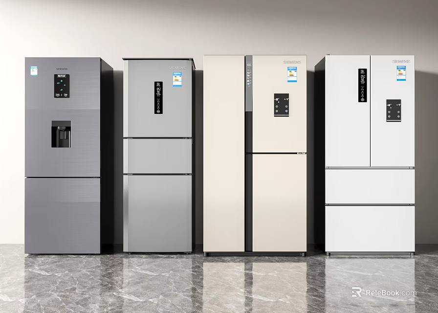 Stylish Fridge Freezers With Various Colors And Designs Showcased In A Row 3d model 