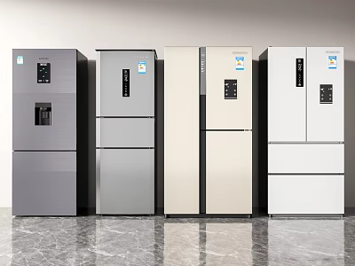 Stylish Fridge Freezers With Various Colors And Designs Showcased In A Row 3d model