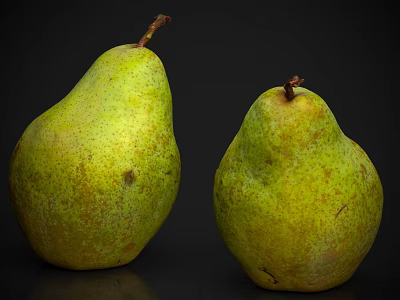 Fresh Ripe Pears With Greenish Yellow Skin And Brown Spots On Black Background 3d model