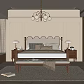 Cozy Elegant Bedroom Interior With Wooden Bed Chandelier Bench Nightstands And Rug