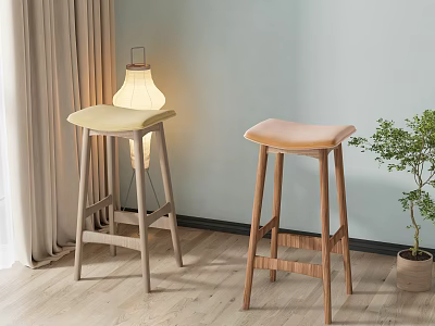 Light Yellow And Light Brown Bar Stools With Wooden Legs Near Curtains And Potted Plant 3d model