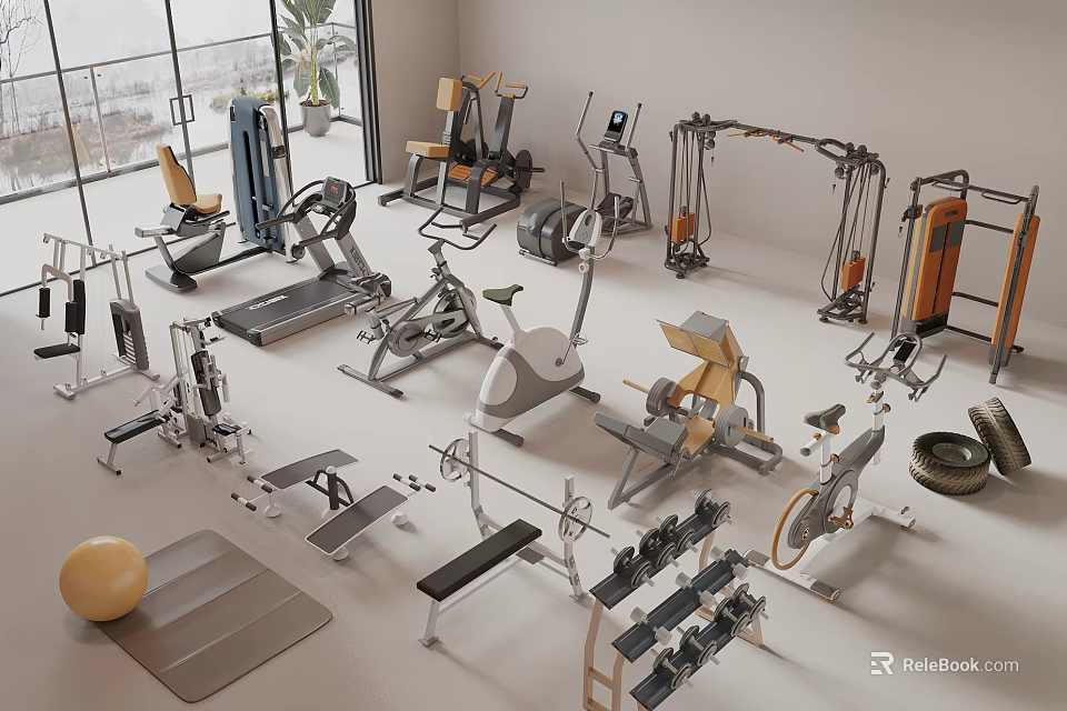 Diverse Fitness Equipment In Indoor Gym Featuring Treadmills Exercise Bikes Barbells And Yoga Mats 3d model 