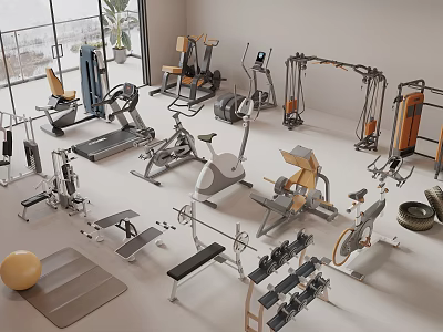 Diverse Fitness Equipment In Indoor Gym Featuring Treadmills Exercise Bikes Barbells And Yoga Mats 3d model