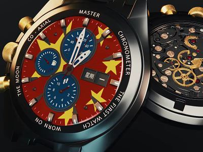 Luxury Chronometer Watch With Red Dial Star Patterns And Mechanical Movement 3d model