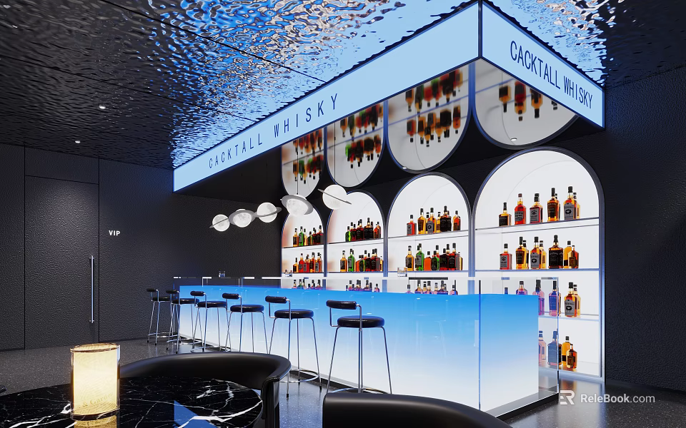 Modern Bar Interior With Glass Counter Curved Shelves And Whiskey Cocktail Bottles 3d model 