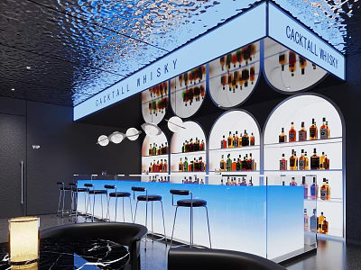 Modern Bar Interior With Glass Counter Curved Shelves And Whiskey Cocktail Bottles 3d model