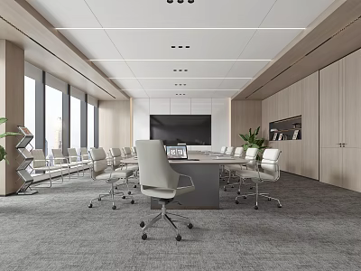 Modern Conference Room Interior With Long Table White Chairs TV Large Windows And Green Plants 3d model
