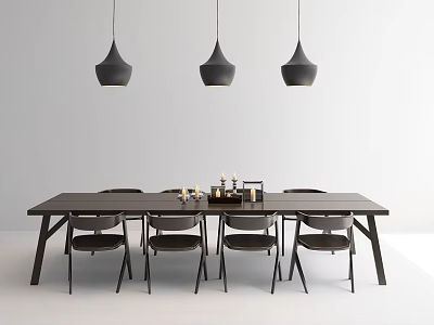 Modern Minimalist Dining Table Set with Six Chairs Black Pendant Lights and Tabletop Items 3d model