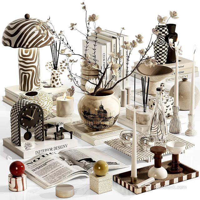 Decorative Ornament Set With Striped Patterns Vases Candles Books And Branch Decor For Home 3d model 