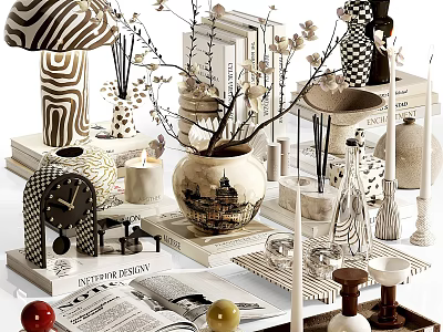 Decorative Ornament Set With Striped Patterns Vases Candles Books And Branch Decor For Home 3d model