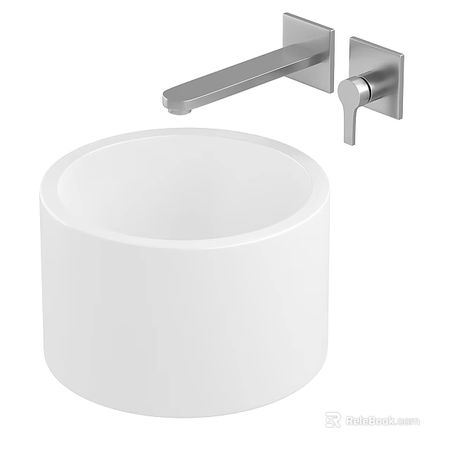 Modern Round White Bathroom Basin with Wall-Mounted Faucet Long Spout and Handle 3d model 