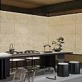 Modern Minimalist Tea Room Interior With Stone Walls Wooden Table And Potted Plants