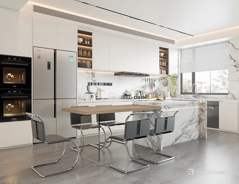 Modern Kitchen Interior With White Cabinets Marble Island And Stainless Steel Appliances 3d model 