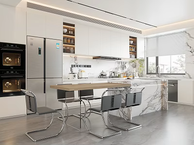 Modern Kitchen Interior With White Cabinets Marble Island And Stainless Steel Appliances 3d model