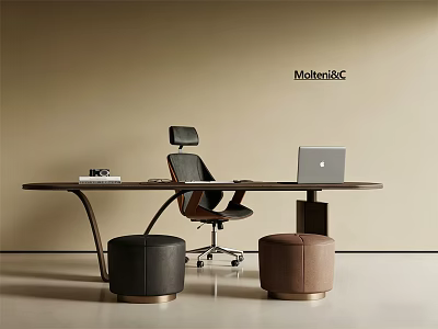 Modern Wooden Desk With Ergonomic Office Chair And Upholstered Stools For Workspace 3d model