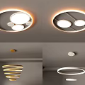 Modern Lighting Combinations Featuring Circular Ceiling Lights And Layered Pendant Lamp Designs 3d model