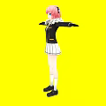 Woman with pink hair wearing black top white pleated skirt against yellow background arms outstretched