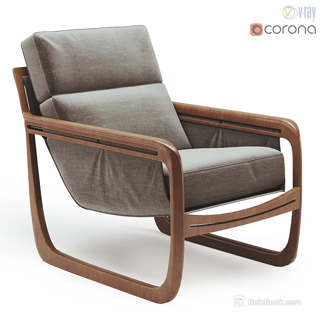Modern Leisure Chair With Wooden Frame Gray Fabric And Curved Armrests 3d model 