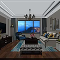 Elegant Living Dining Room Interior With Chandelier Large Windows Sea View And Decorative Paintings