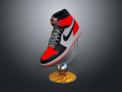 High Top Sneakers In Black Red White With Nike Logo On Metallic Gold Display Stand 3d model