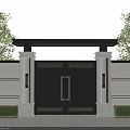 Elegant Black Gate With Golden Handles And Decorative Patterns On White Wall With Green Plants
