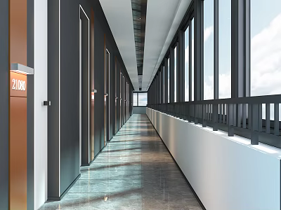 Modern Hotel Corridor With Shiny Floor Multiple Room Doors And Large Windows 3d model