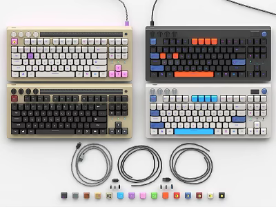 Assorted Mechanical Computer Keyboards With Colorful Designs Cables And Keycaps 3d model