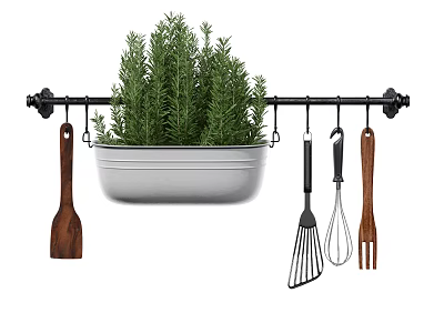 Kitchen Utensils Hanging On Rack With Herb Planter 3d model