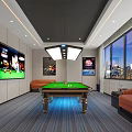Modern Billiard Room Interior With Pool Table Leather Sofas TV Screens And City View Windows 3d model