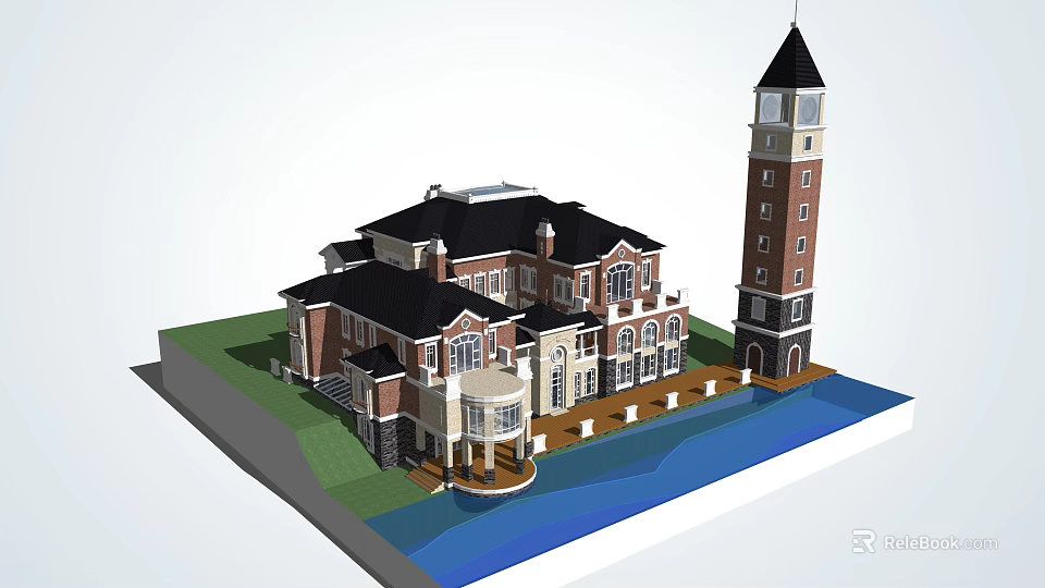 European Style Detached Villa With Tower Waterfront Lawn And Balconies Windows 3d model 