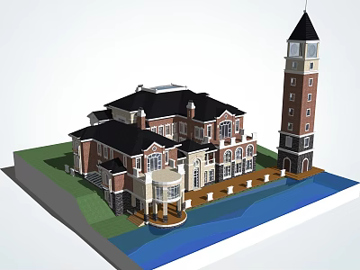 European Style Detached Villa With Tower Waterfront Lawn And Balconies Windows 3d model