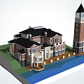 European Style Detached Villa With Tower Waterfront Lawn And Balconies Windows