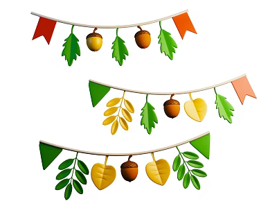Autumn Themed Window Display with Colorful Leaf Garlands and Acorn Decorations 3d model