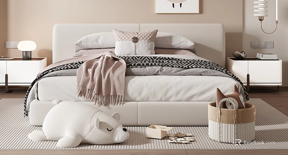 Cozy Double Bed with Light Colored Headboard Soft Pillows Blanket and Stuffed Toy Near Basket 3d model 