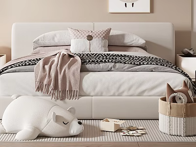 Cozy Double Bed with Light Colored Headboard Soft Pillows Blanket and Stuffed Toy Near Basket 3d model