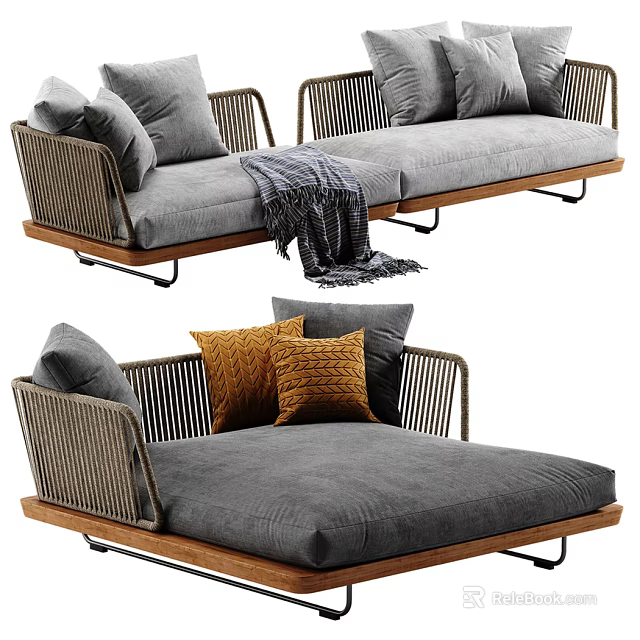 Modern Sectional Sofa With Woven Armrests Gray Cushions And Wooden Legs 3d model 