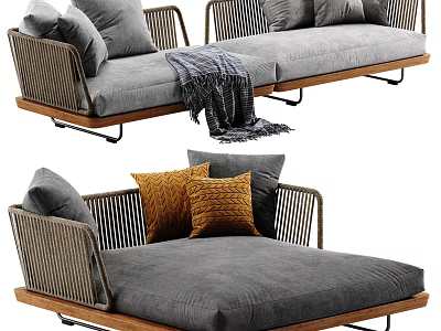 Modern Sectional Sofa With Woven Armrests Gray Cushions And Wooden Legs 3d model