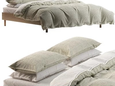 Minimalist Double Bed with Wooden Frame Light Green Linen Bedding and Pillows 3d model