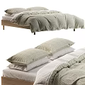 Minimalist Double Bed with Wooden Frame Light Green Linen Bedding and Pillows