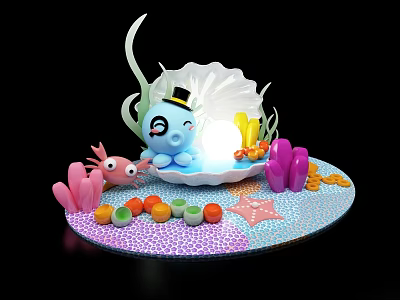 Underwater Themed Photo Spot With Blue Cartoon Character Seashell Glowing Light Colorful Corals And Starfish 3d model