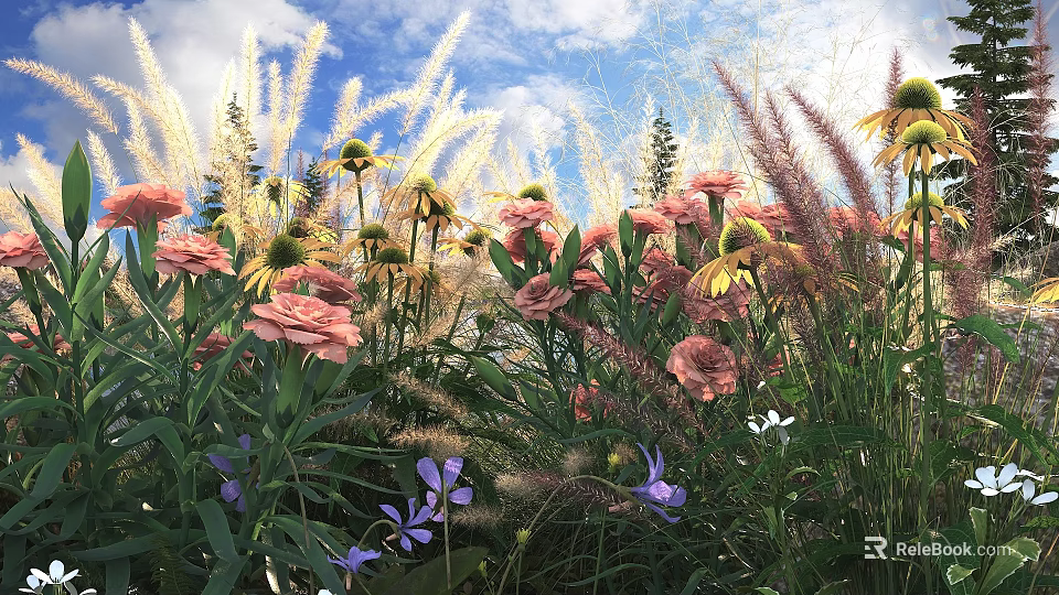 Vibrant Pink Yellow And Purple Flowers With Tall Grasses Under Blue Sky And White Clouds 3d model 