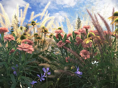 Vibrant Pink Yellow And Purple Flowers With Tall Grasses Under Blue Sky And White Clouds 3d model