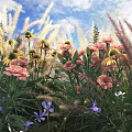 Vibrant Pink Yellow And Purple Flowers With Tall Grasses Under Blue Sky And White Clouds